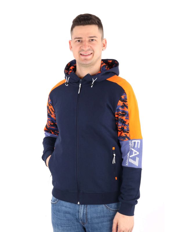 FELPA CON CAPPUCCIO E ZIP EMPORIO ARMANI 7 DA UOMO BLU ARANCIO