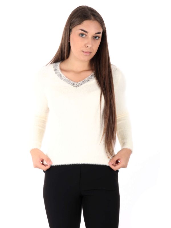 MAGLIONCINO SCOLLO A V CON APPLICAZIONI ARTIGLI DONNA AVORIO