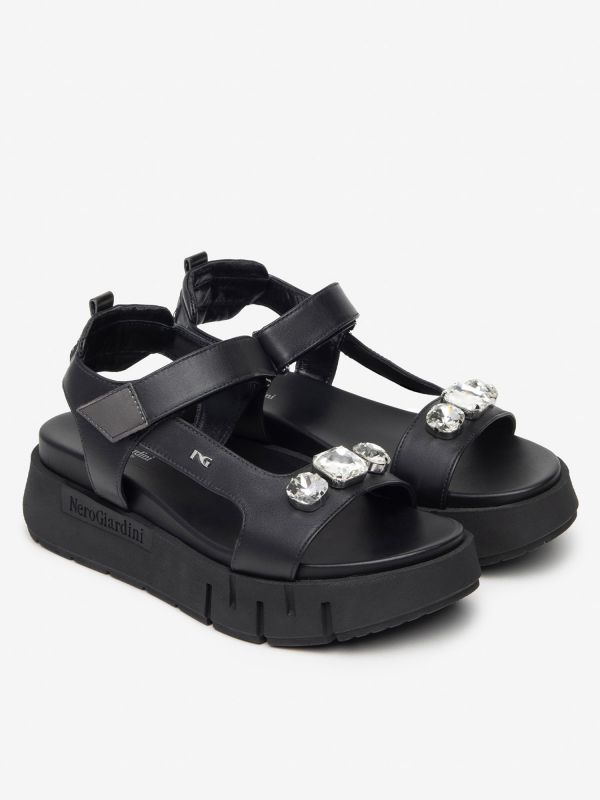 SANDALO PLATFORM CON STRASS NERO GIARDINI DONNA NERO