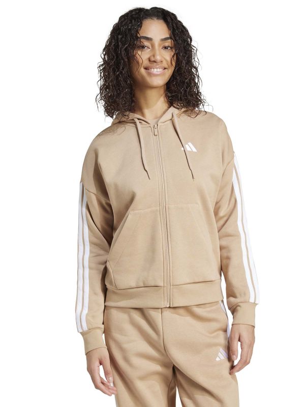 FELPA CON CAPPUCCIO E FULL ZIP ESSENTIALS 3 STRIPES ADIDAS DA DONNA NOCCIOLA