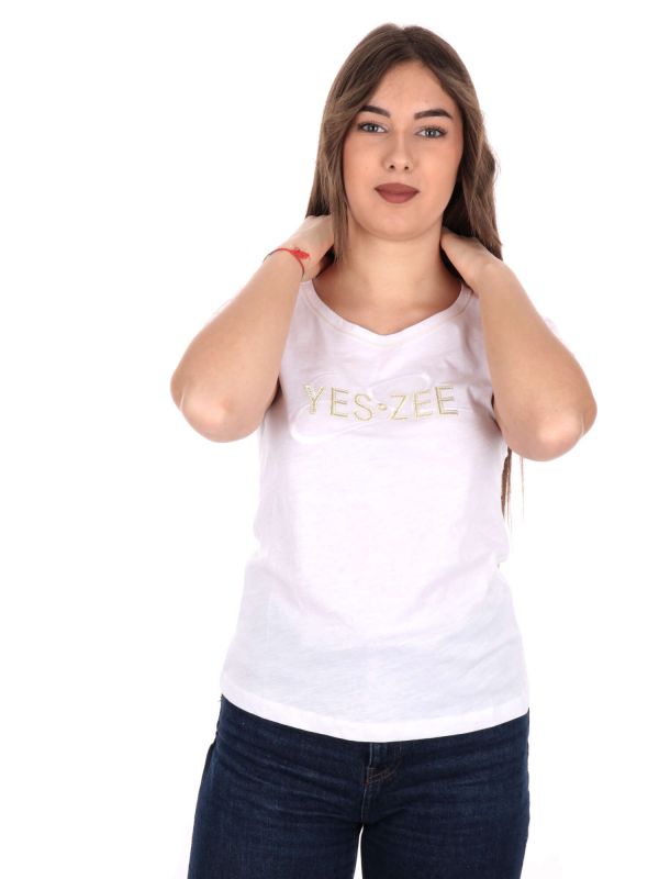 T-SHIRT CON STRASS YES ZEE DONNA BIANCO